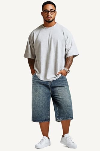 GINGTTO Mens Baggy Jean Shorts Y2k 90s Denim Shorts for Men Long Jorts Men Plus Size Washed Blue 40 - Image 8