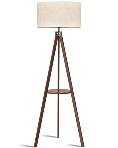 LEPOWER Mid Century Wood Standing Lamp, Modern Design Shelf Floor Lamp for Living Room, Bedroom, Office, Flaxen Shade with E26 Base, Perfect for Reading or Ambient Lighting Dark Brown - Image 1