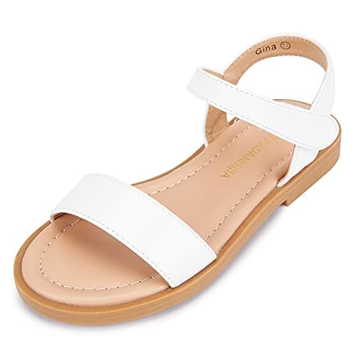 PANDANINJIA Gina White Girls Sandals Open Toe Summer Flats Dress Sandals Shoes Toddler/Little Kid/Big Kid (White Pu, 4 M US Big Kid) - Image 1