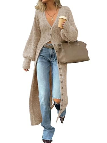 Saodimallsu Womens Long Cardigans V Neck Button Down Chunky Knit Dusters Sweater Coat Fall Trendy Maxi Sweater Dress Apricot - Image 1