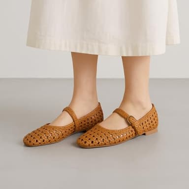 CUSHIONAIRE Weston Women’s Hand Woven Dressy Ballet Flats – Faux Leather Mary Jane with Adjustable Strap & Memory Foam, COGNAC 8 - Image 4