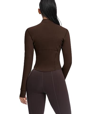 AVGO Women's Cropped Running Workout Jackets Zip Slim Fit Athletic Tops with Thumb Holes(Roasted Brown, M) - Image 3