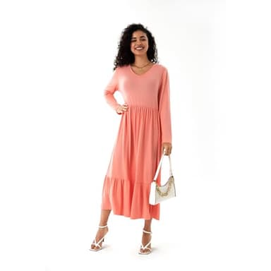 Women's Spring Solid V-Neck Long Sleeve Dress Loose Pleated Hem Fluttering Swing Midi Long Dresses with Pockets Orange Pink - Image 4