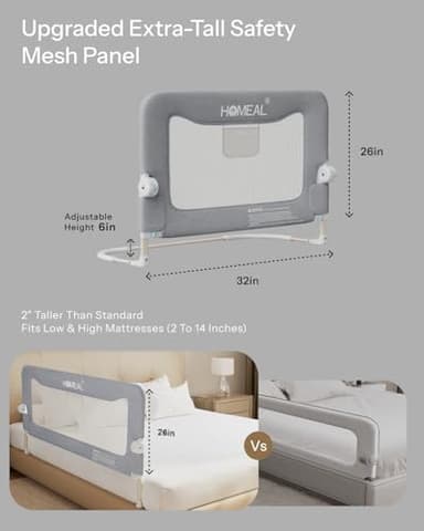 HOMEAL Bed Rail for Toddlers，32" x 26" Grey, Foldable Tall Baby Bed Rail Guard for Easy Use and Storage, U-Shaped Base Width Increased by 4", Suitable for Twin, Full, Queen, King Size Bed - Image 3