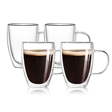 4-Pack 12 Oz Double Walled Glass Coffee Mugs with Handle, Insulated Layer Coffee Cups, Clear Borosilicate Glass Mugs, Gift for Cappuccino,Tea,Latte,Espresso,Hot Beverage,Wine, Microwave Safe, Set of 4 - Image 1