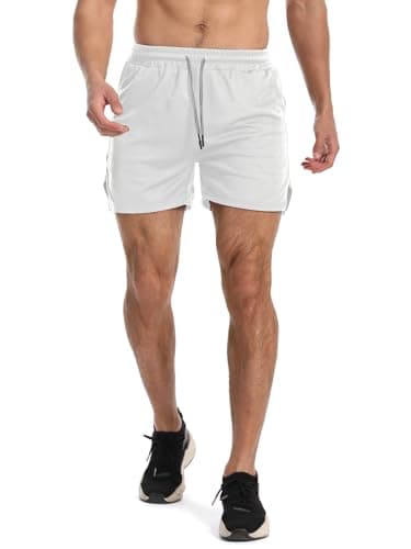 Aolesy Men's Gym Workout Shorts 5 Inch Lightweight Bodybuilding Athletic Shorts Running Training with Zipper Pockets & Towel Loop White - Image 3