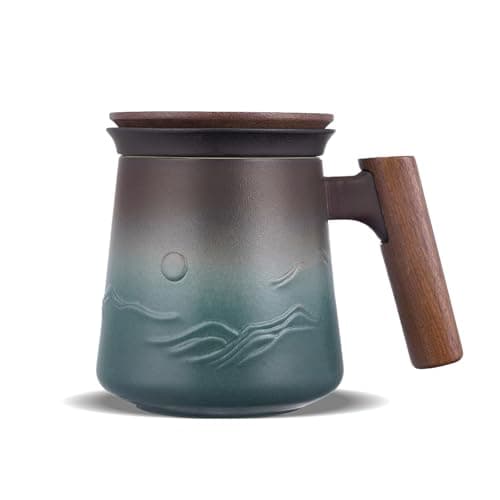 ZENS Embossed Ceramic Tea Mug with Infuser and Lid, 14.5 oz Wooden Handle, Loose Leaf Tea Steeper Cup & Strainer for Tea Lovers Gifts - Image 1