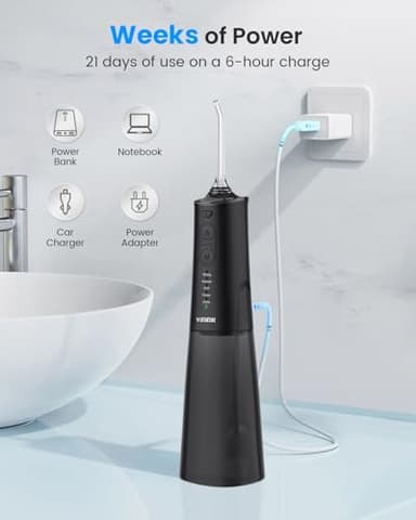 VIMMK Water Flosser, Cordless Water Dental Flosser, 9 Jet Tips 5 Modes 300ML IPX7 Waterproof, Portable Rechargeable Oral Irrigator for Home Travel - Gums, Orthodontic, Braces Care - Black - Image 8