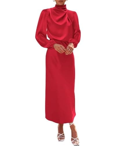 BTFBM Womens Mock Neck Satin Dress Summer Fall 2025 Long Sleeve High Waist Formal Wedding Party Maxi Cocktail Dresses(Red, X-Large) - Image 1
