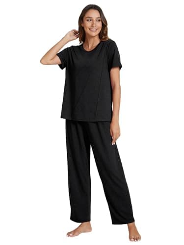 POKWAI Womens Pajama Sets Summer Short Sleeve Long Pants Pajamas Set Soft 2 Piece Pjs Ladies Pajamas Sleepwaer Pj(Black,XX-Large) - Image 3