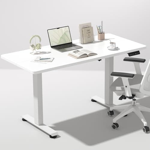 Veken 47.2 Inch Electric Standing Desk, Height Adjustable Sit Stand Up, Wood Desktop, Work Home Office Computer PC Desks, Gaming Writing Study Bedroom Rising Table, Tall Standup Workstation, White - Image 1