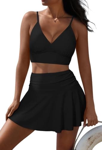 Pink Queen Women's High Waisted Bikini Set Two Piece Swimsuit V Neck Spaghetti Straps Swim Skirt Bathing Suit Black L - Image 1
