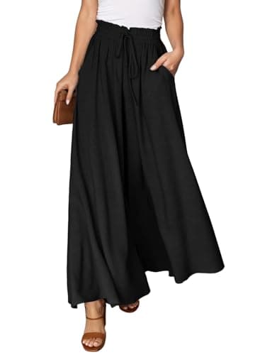 Dokotoo Womens Beach Fashion Clothing Wide Leg Pants with Tie Drawstring Casual Loose High Waisted Palazzo Linen Pants for Women Ladies Soft Lounge Trousers with Pockets Black L - Image 1