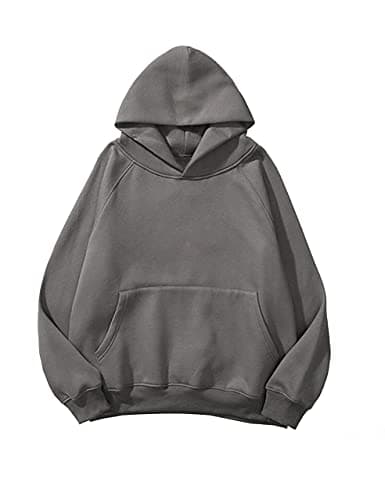 Lauweion Women Solid Basic Fleece Letter Loose Hoodie Sweatshirt Long Sleeve Kangaroo Pocket Drop Shoulder Pullovers Top Dark Grey - Image 1