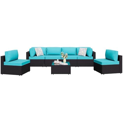 Shintenchi 7 Pieces Outdoor Patio Sectional Sofa Couch, Black PE Wicker Furniture Conversation Sets with Washable Cushions & Glass Coffee Table for Garden, Poolside, Backyard (Blue) - Image 1