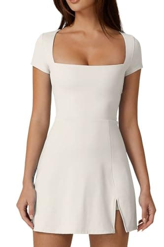 QINSEN Square Neck Athletic Dress for Women Side Slit High Waist Built in Shorts Pocket Flare Exercise Dress White S - Image 1