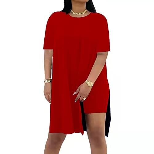Women Plus Size 2 Piece Outfits Short Sleeve Tunic Tops and Skinny Biker Shorts Sets Tracksuits Red,X-Large - Image 1