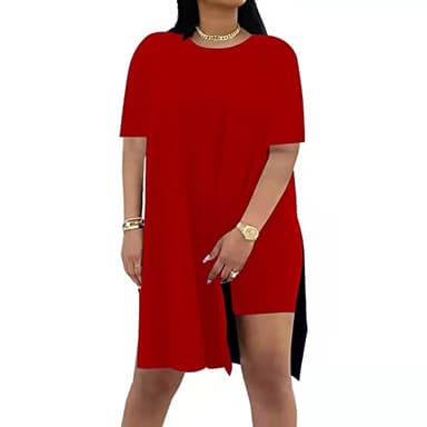 Women Plus Size 2 Piece Outfits Short Sleeve Tunic Tops and Skinny Biker Shorts Sets Tracksuits Red,X-Large - Image 1