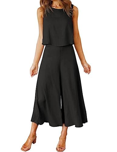 ROYLAMP Women's Summer 2 Piece Outfits Round neck Crop Basic Top Cropped Wide Leg pants Set Jumpsuits Black S - Image 1