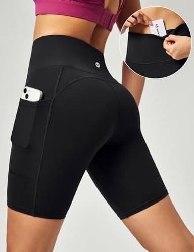 Ewedoos Biker Shorts Women Tummy Control Workout Shorts with 3 Pockets High Waisted Compression Gym Running Yoga Shorts Women Black - Image 4