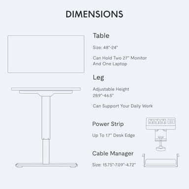 FLEXISPOT EN2 Whole-Piece Standing Desk with Clamp Power Strip, 48x24 Electric Stand Up Height Adjustable Desk with Cable Management (White Frame + 48" White Top) - Image 6