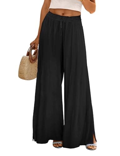 YESNO Women Summer Boho Palazzo Pants High Waist Wide Leg Floral Casual Cotton Lounge Trousers with Pockets M PP0 Solid Black - Image 1