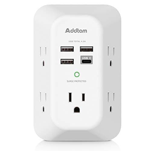 Addtam USB Wall Charger Surge Protector 5 Outlet Extender with 4 USB Charging Ports (1 USB C Outlet) 3 Sided 1800J Power Strip Multi Plug Outlets Wall Adapter Spaced for Home Travel Office ETL Listed - Image 1