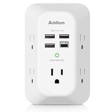 Addtam USB Wall Charger Surge Protector 5 Outlet Extender with 4 USB Charging Ports (1 USB C Outlet) 3 Sided 1800J Power Strip Multi Plug Outlets Wall Adapter Spaced for Home Travel Office ETL Listed - Image 1