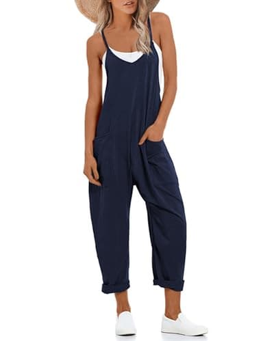 Lentta Women's Causal Jumpsuits V Neck Sleeveless Harem Overalls Stretchy Adjustable Strap Romper with Pockets(DarkBlue-S) - Image 1