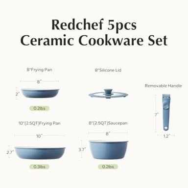 Redchef Ceramic Cookware Set, Removable Handle Pots and Pans Non-Stick, Rv Cookware Set, Non-Toxic Pots and Pans Set No PFAS, PTFE, PFOA, Detachable Pots and Pans, Dishwasher & Oven Safe(Blue) - Image 8