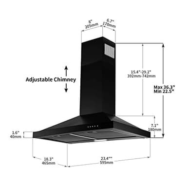 SNDOAS 24 inch Range Hood Black Range Hood, Ductless Range Hood with Energy Saving LED Light,Wall Mount Kitchen Hood,Over Stove Vent,Stainless Steel Chimney-Style Range Hood,Black Vent Hood - Image 7