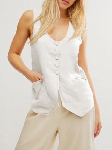 Tankaneo Womens Scoop Neck Blazer Vest Summer Linen Sleeveless Fitted Waistcoat Work Casual Cotton Suit Tops - Image 4