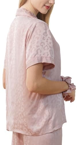 Netcken Women's Satin Silk Pajama Set - Short Sleeve Button-Down Sleepwear & Loungewear, Soft Luxury PJs, L Size Pink - Image 4