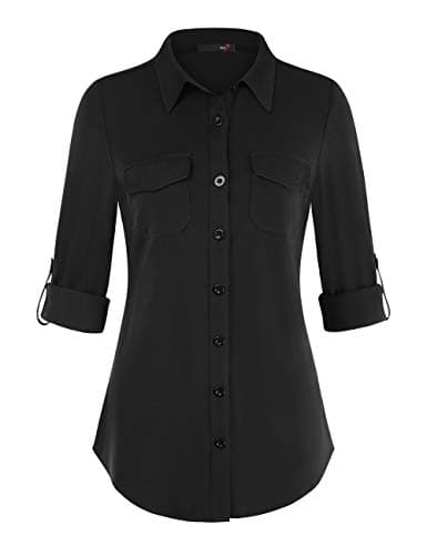 DJT Womens Soft Stretchy Knit Plaid Shirts Roll Up Long Sleeve Collared Button Down Blouses Tops X-Large Solid Black - Image 1