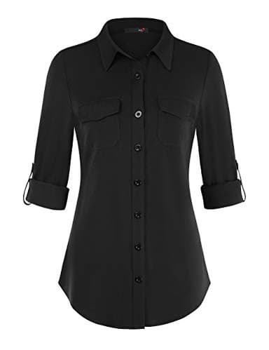 DJT Womens Soft Stretchy Knit Plaid Shirts Roll Up Long Sleeve Collared Button Down Blouses Tops X-Large Solid Black - Image 1