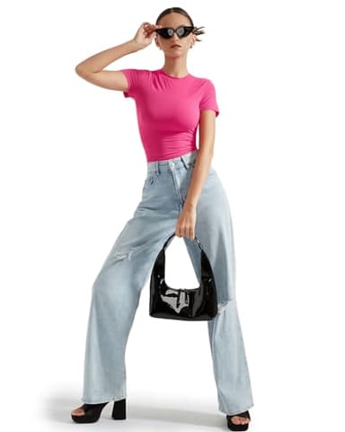 SUUKSESS Women Double Lined Fitted Basic Tee Shirts Crew Neck Short Sleeve Y2K Going Out Crop Tops (Hot Pink, XL) - Image 3