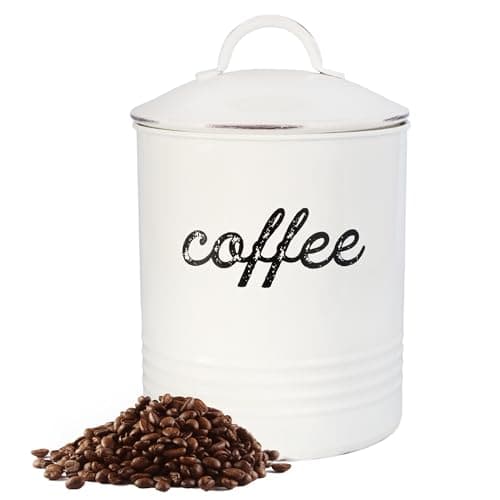 AuldHome Design Enamelware White Coffee Canister; Rustic Distressed Style Tea Storage for Kitchen - Image 1