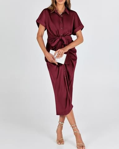 BTFBM Women Button Down Ruched Shirt Dresses Satin Short Sleeve Lapel V Neck Summer Maxi Dress 2025 Party Wedding Guest(Dark Wine Red, Medium) - Image 8