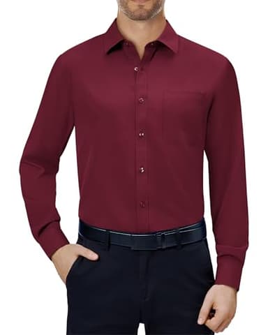 Alimens & Gentle Burgundy Dress Shirt for Men Long Sleeve Wrinkle Free Stretch Christmas Casual Button Down Shirt with Pocket - Image 1