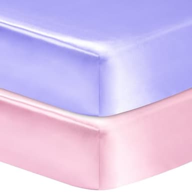 GUNTAIL 2 Pack Satin Soft Crib Sheet for Baby with Sensitive Hair Silky Baby Mattress Sheet Pink and Violet Unisex 52’’x28’’x8’’ Fitted Sheets - Image 1