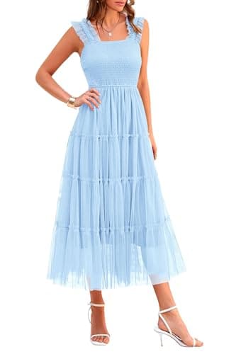 PRETTYGARDEN Women's Summer Midi Tulle Dress Sleeveless Smocked Square Neck Ruffle Flowy Party Wedding Guest Sundress (Light Blue,XX-Large) - Image 1
