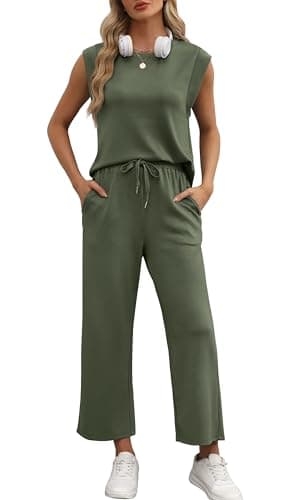 OFEEFAN Womens Summer Outfits Two Piece Sets Comfy Matching Lounge Sets Side Split Plus Size Airport Travel Outfits Luxury Womens Fashion Olive M - Image 2