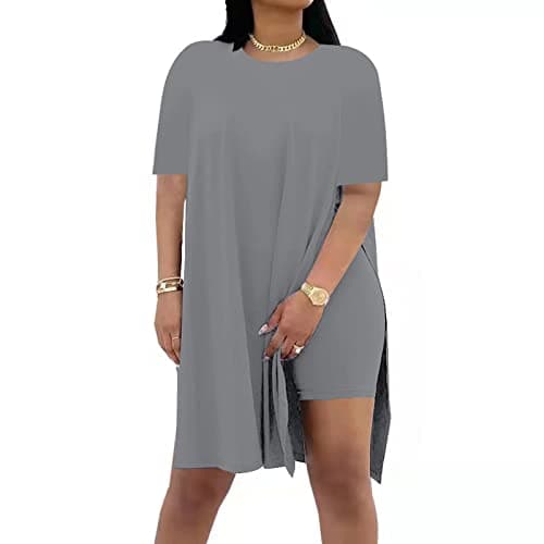 AXOSY Women Plus Size 2 Piece Outfits Short Sleeve Tunic Tops and Skinny Biker Shorts Sets Tracksuits Grey,X-Large - Image 1