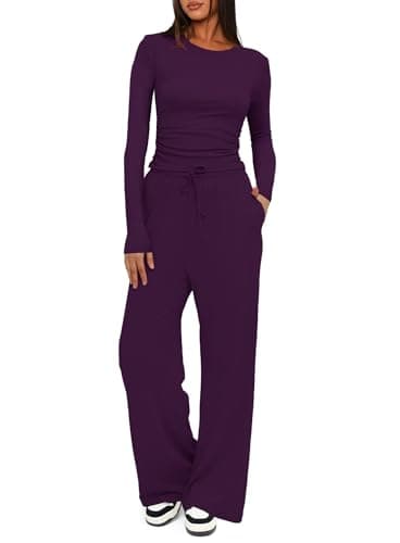 Darong Women's 2 Piece Sets Fall Outfits Long Sleeve Wide Leg Tracksuits Casual Sweat Sets Lounge Set 9065B Dark Purple L - Image 1