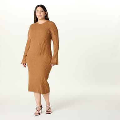 The Drop Women's Fernanda Bell Sleeve Ribbed Sweater Dress, Camel, 4X, Plus Size - Image 5