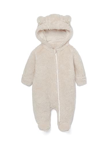 Baby Plush Long Sleeve Polar Fleece Jumpsuit With Bear Ears Baby Fleece Hooded Jumpsuit Infant Winter Outfit (Beige, 3-6 Months) - Image 3