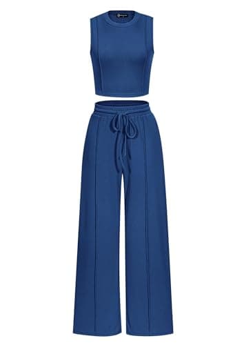 PRETTYGARDEN Women's Summer 2 Piece Loungewear Set Cropped Tank Top Wide Leg Sweatpants Tracksuit Casual Outfits (Dark Blue,Medium) - Image 1