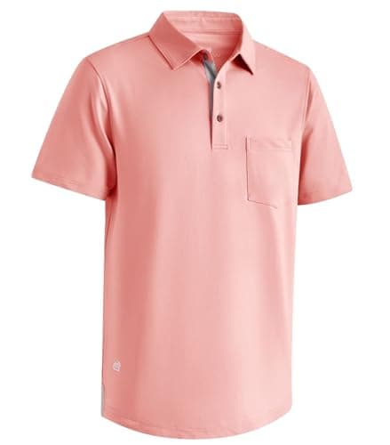 Mens Short Sleeve Polo Shirt Casual Cotton Polo Shirts Drop Cut Mens Regular Fit Polo with Pocket Coral Pink - Image 1