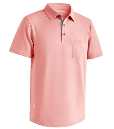 Mens Short Sleeve Polo Shirt Casual Cotton Polo Shirts Drop Cut Mens Regular Fit Polo with Pocket Coral Pink - Image 1
