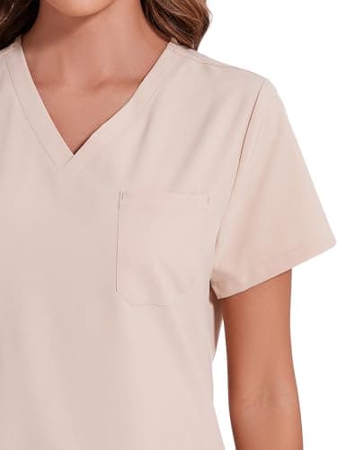 COZYFIT Scrubs for Women Set - Stretch V-Neck Scrub Top & Jogger Pant with 8 Pockets, Yoga Waistband, Anti Wrinkle, Slim Fit Women Scrubs - Light Khaki, 4XL, Tall - Image 4